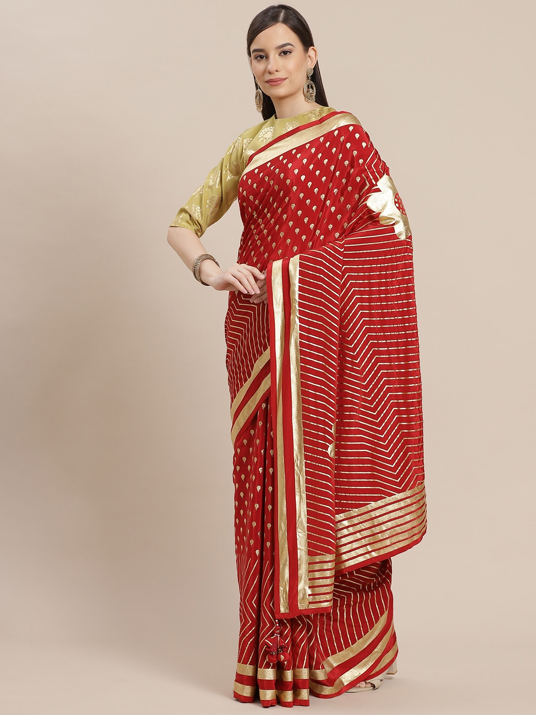 

Masaba Red & Golden Ethnic Motifs Pure Crepe Designer Saree