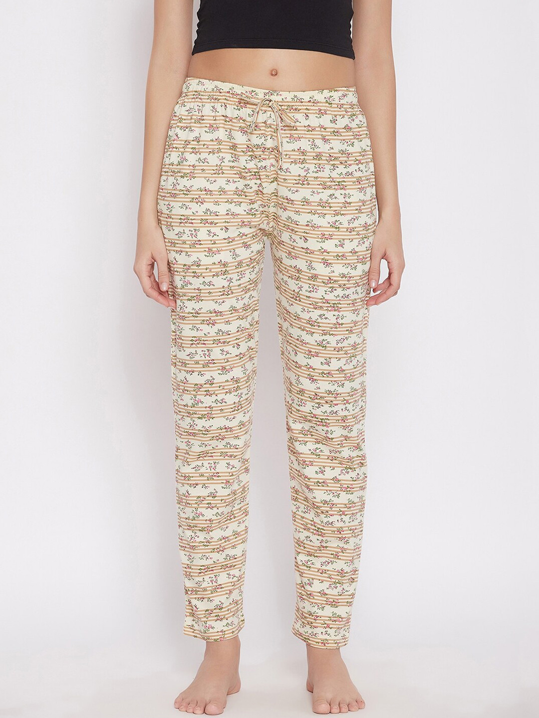 

C9 Airwear Women Off-White & Beige Pure Cotton Regular Fit Floral Printed Lounge Pants, Yellow