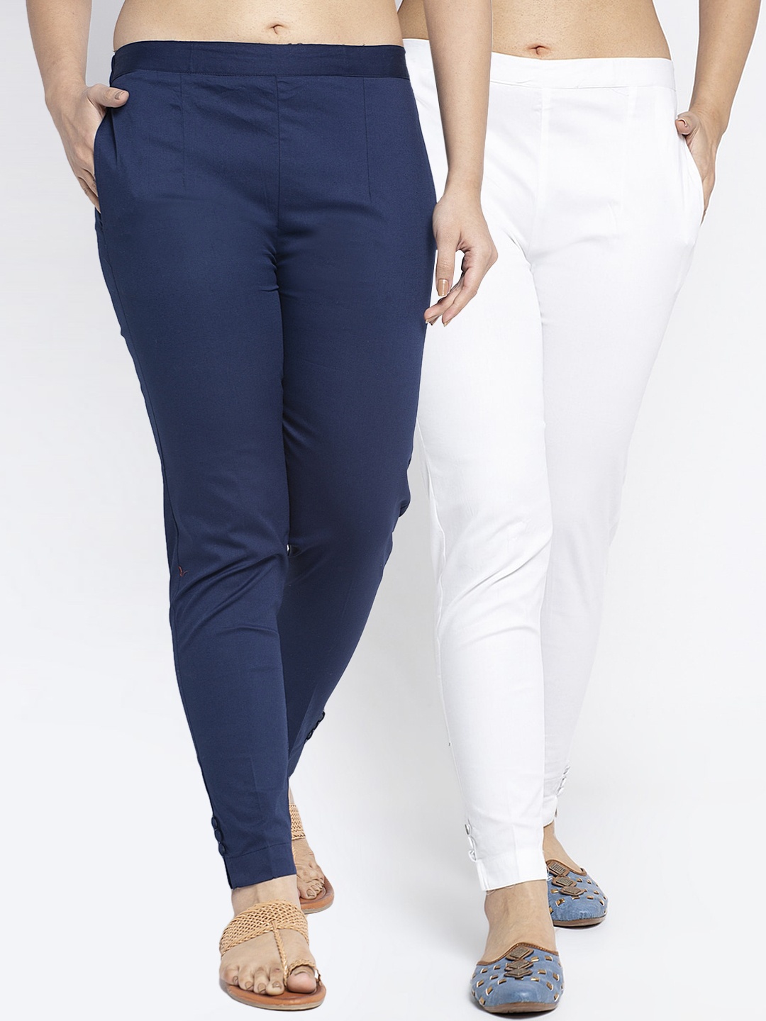 

GRACIT Women Pack Of 2 White & Navy Blue Cigarette Trousers