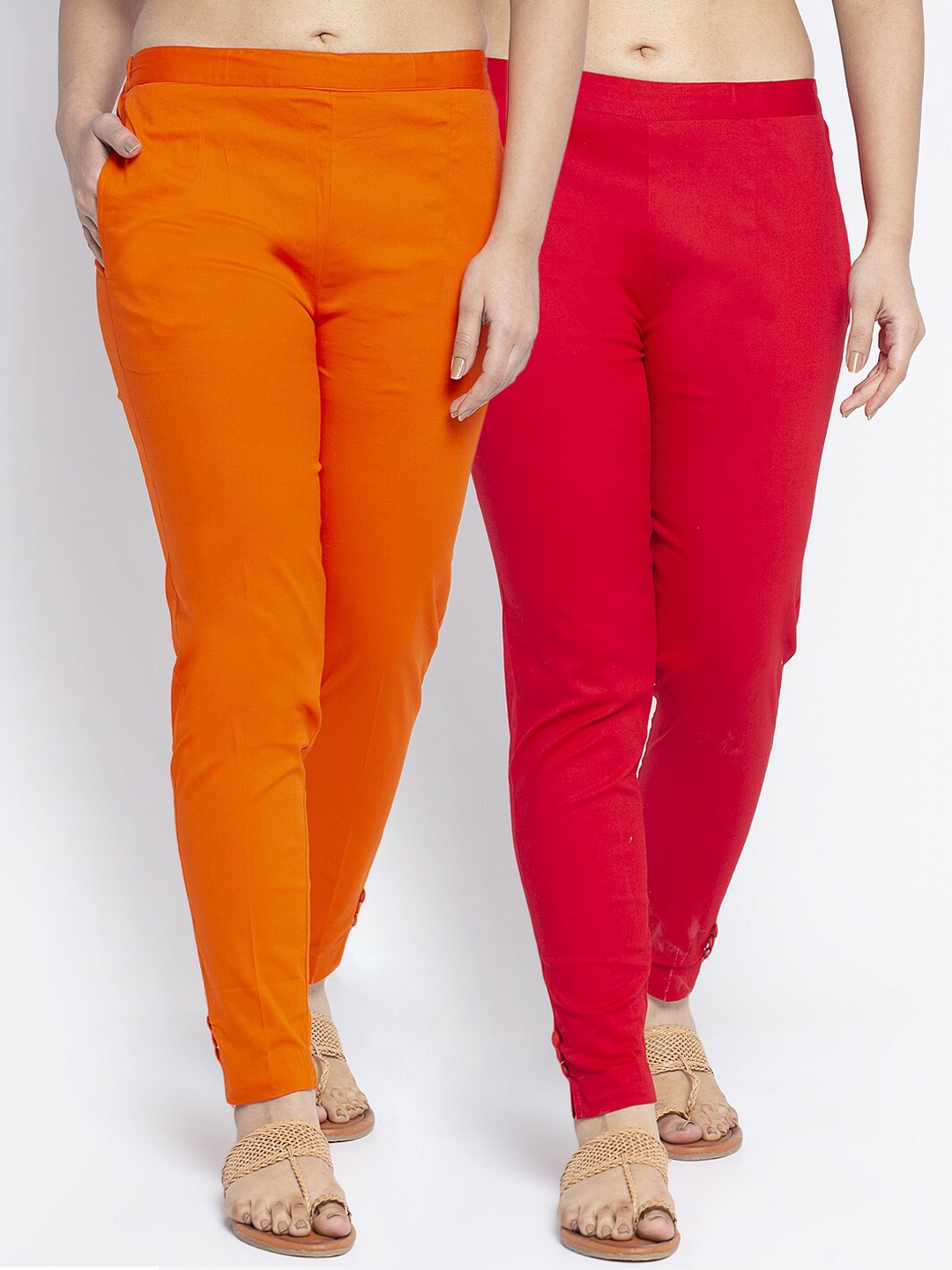 

GRACIT Women Pack Of 2 White & Orange Cigarette Trousers, Red
