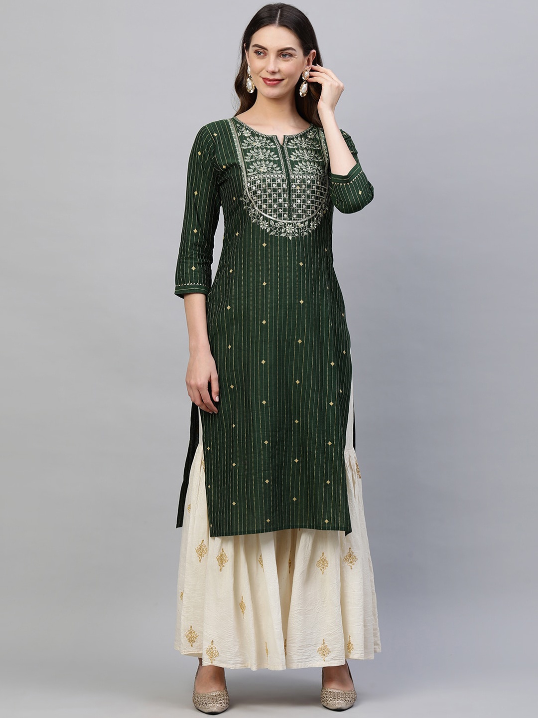 

FASHOR Women Green Yoke Design Zari Embroidered & Kantha Lurex A-line Kurta