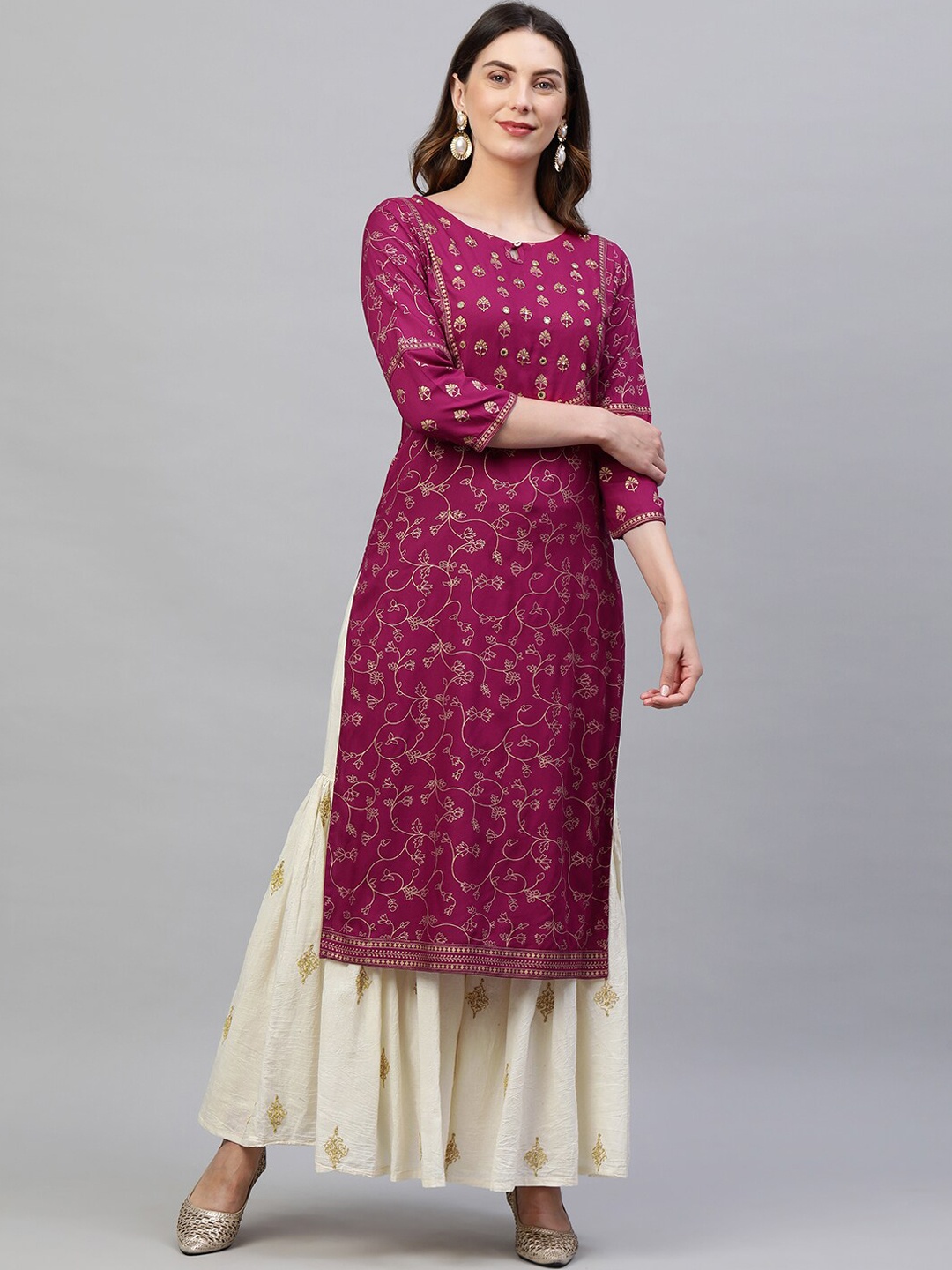 

FASHOR Women Pink Ethnic Motifs Embroidered Mirror Work Kurta
