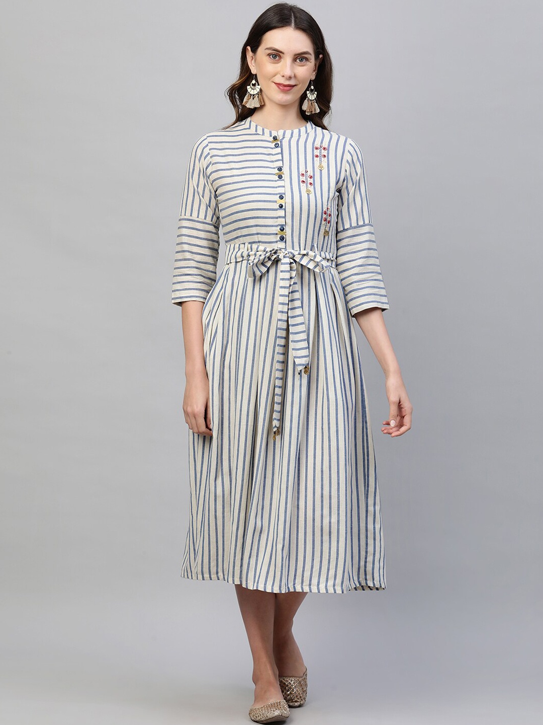 

FASHOR Beige & Blue Striped A-Line Midi Dress With Fabric Belt