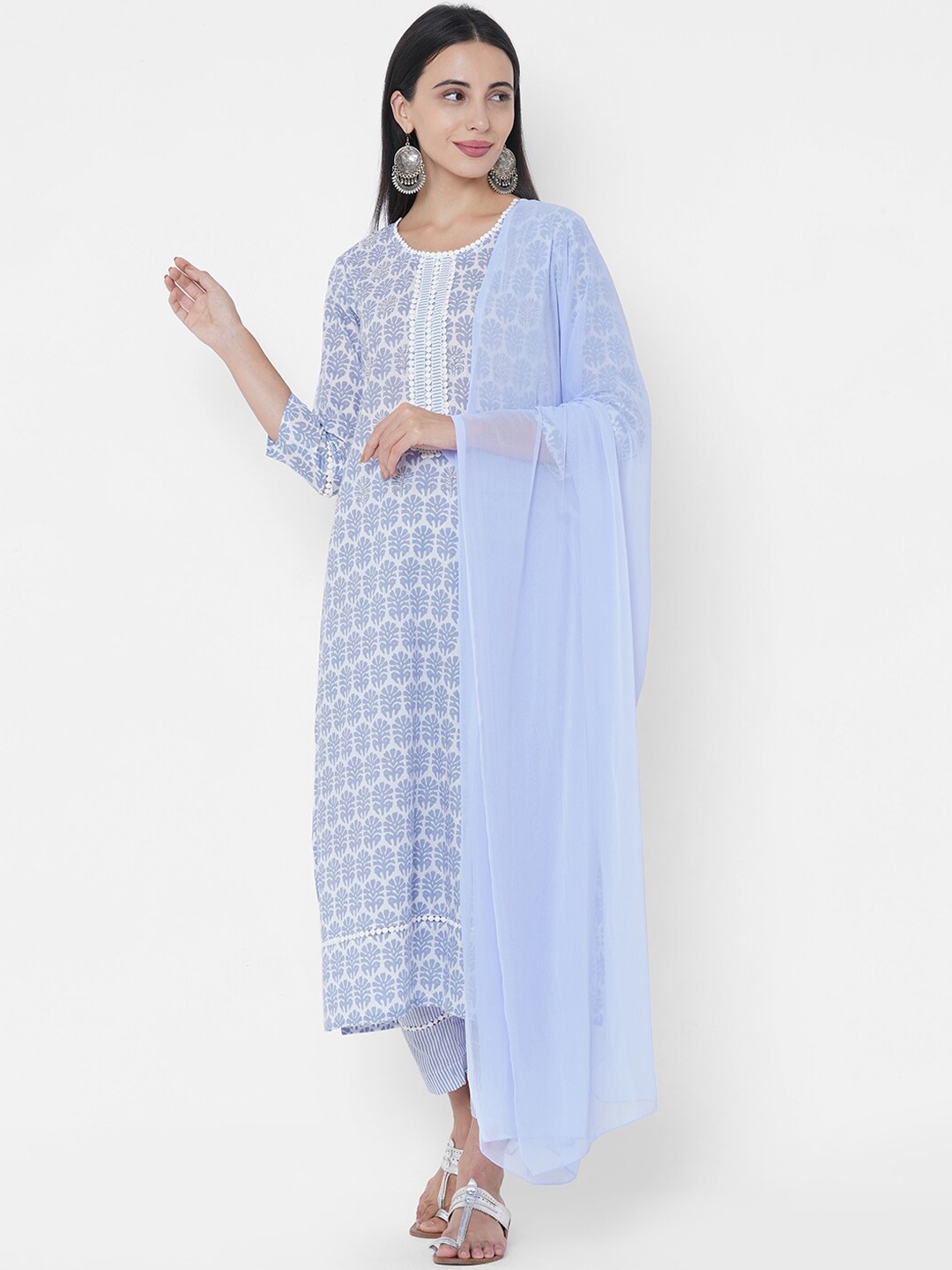 

FASHOR Women Lavender Ethnic Motifs Striped Pure Cotton Kurta with Trousers & Dupatta