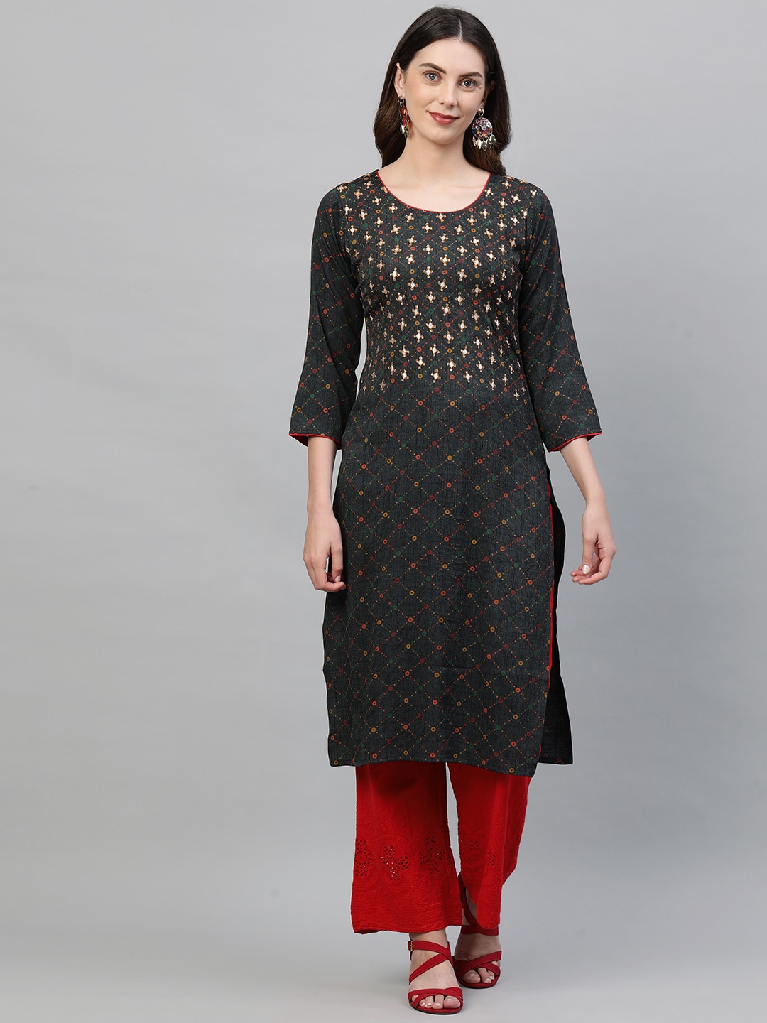 

FASHOR Women Grey Geometric Embroidered Mirror Work Straight Kurta