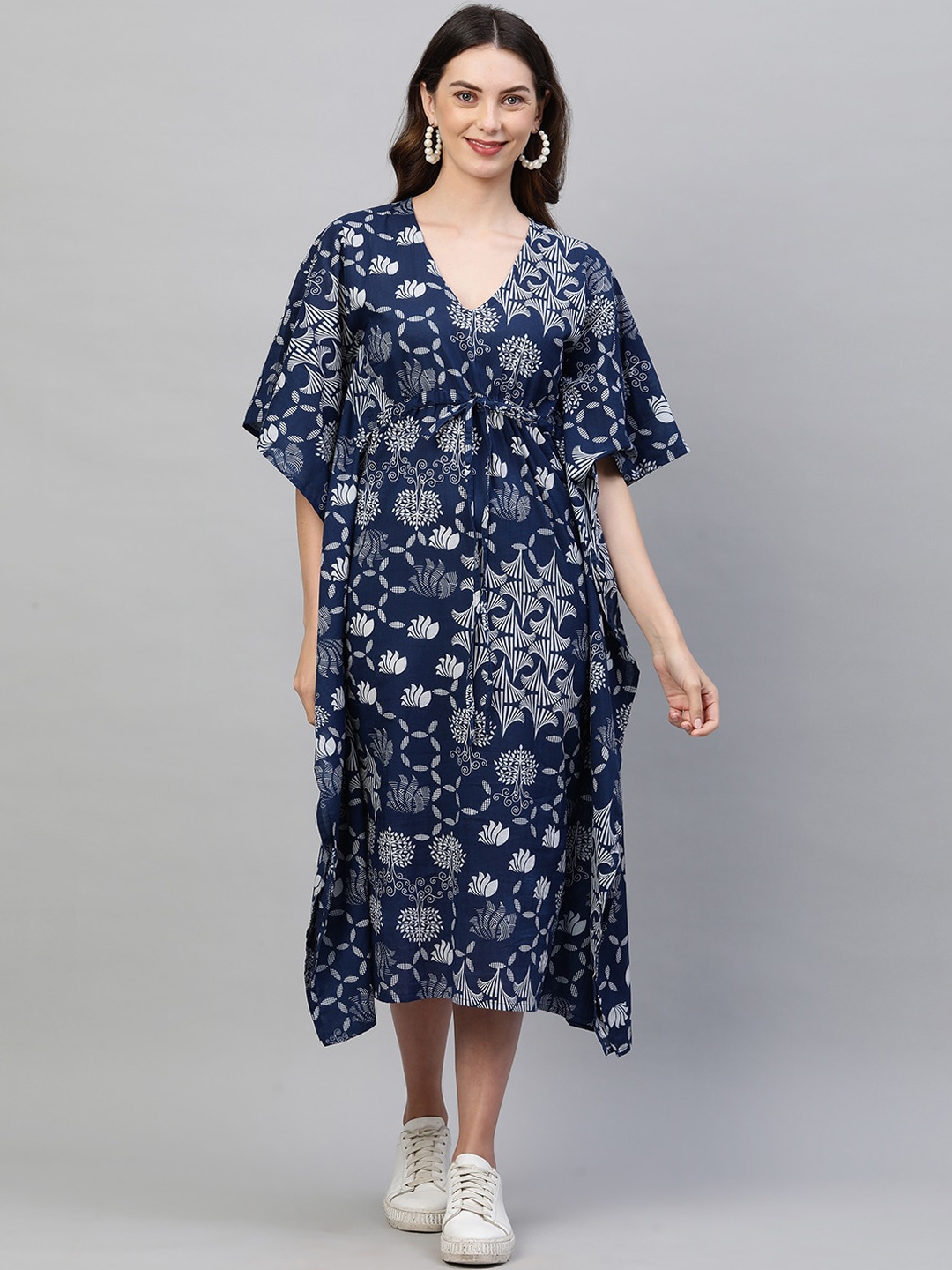 

FASHOR Blue & White Floral Kaftan Cotton Midi Dress