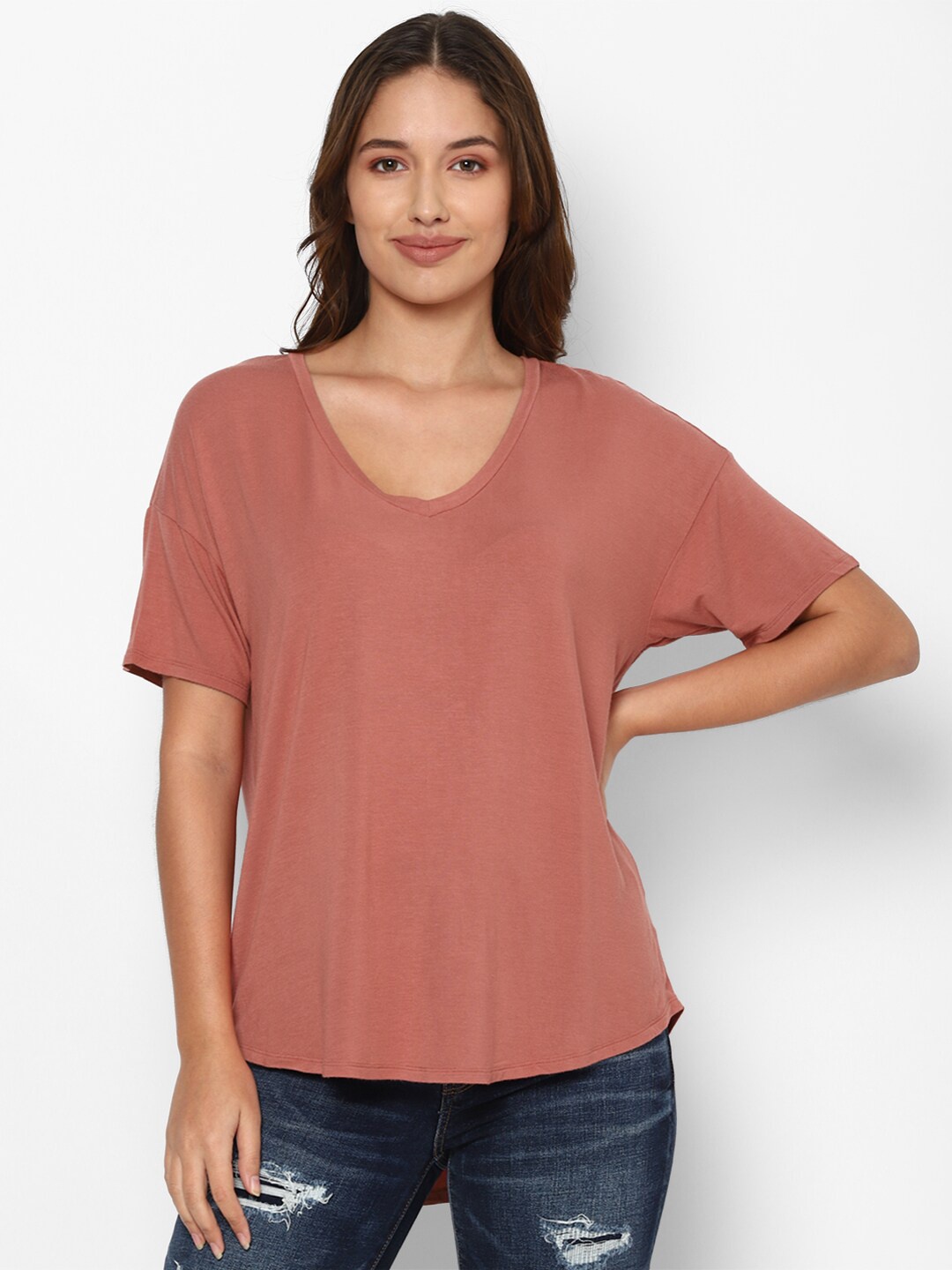 

AMERICAN EAGLE OUTFITTERS Women Brown Drop-Shoulder Sleeves T-shirt