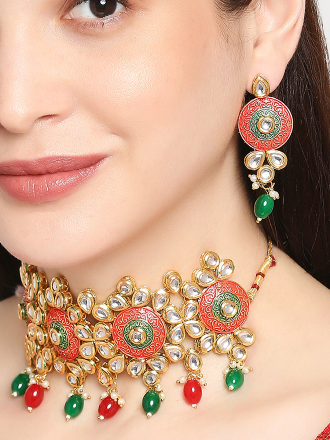 

OOMPH Gold-Toned Red and Green Kundan-Studded & Beaded Meenakari Jewellery Set