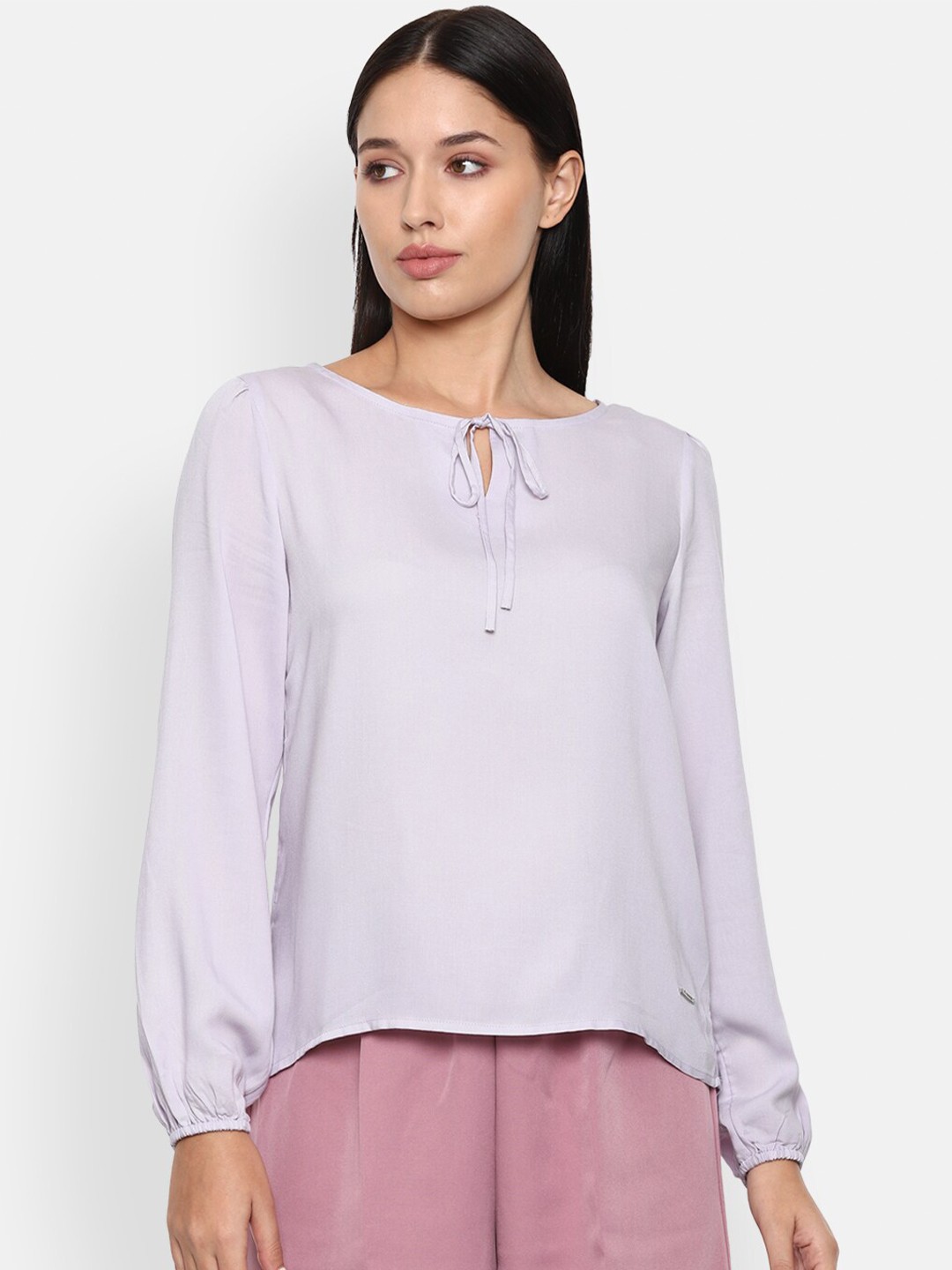 

Van Heusen Woman Purple Tie-Up Neck Puff Sleeve Regular Top