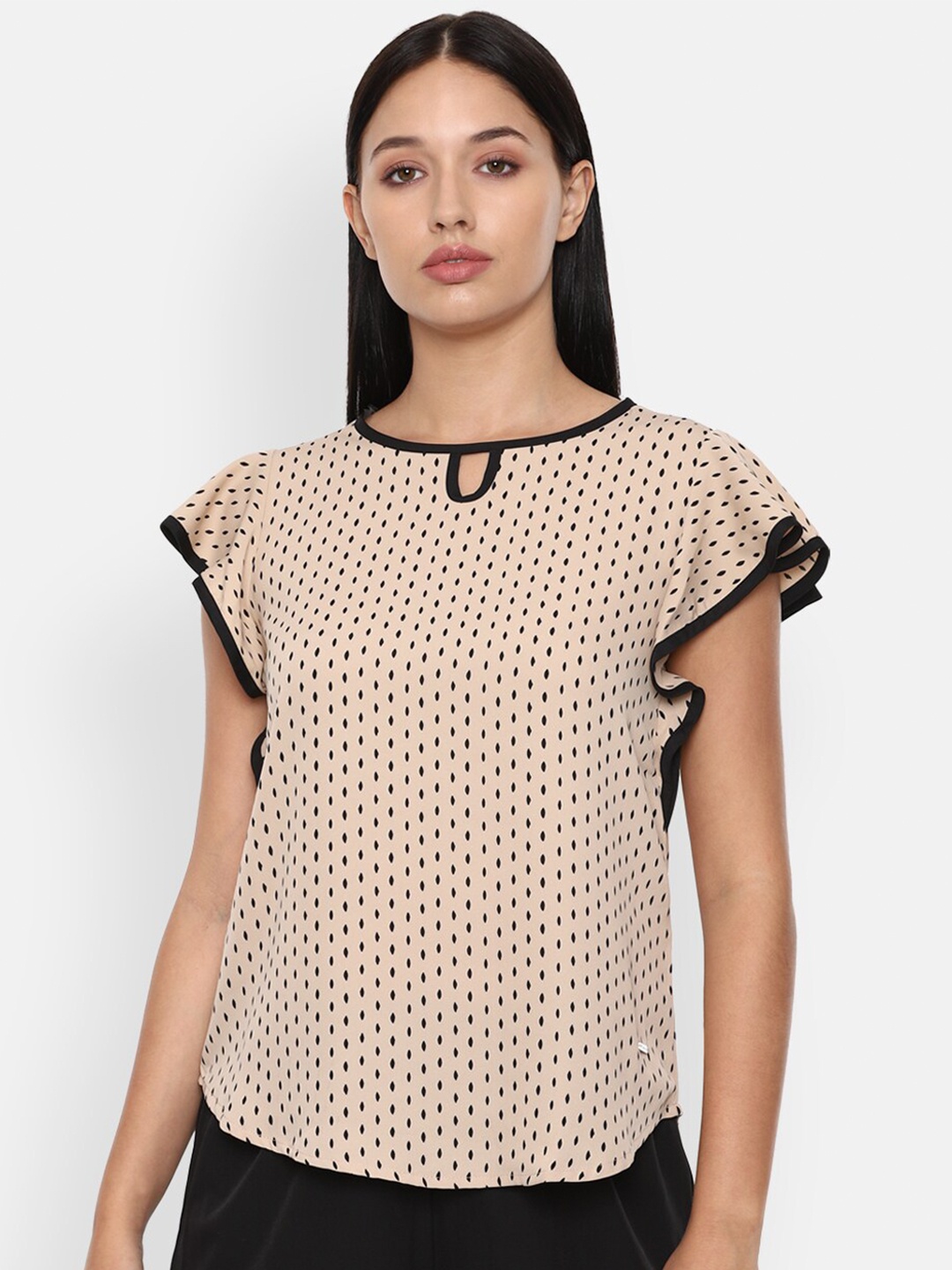 

Van Heusen Woman Beige Printed Keyhole Neck Flutter Sleeve Regular Top