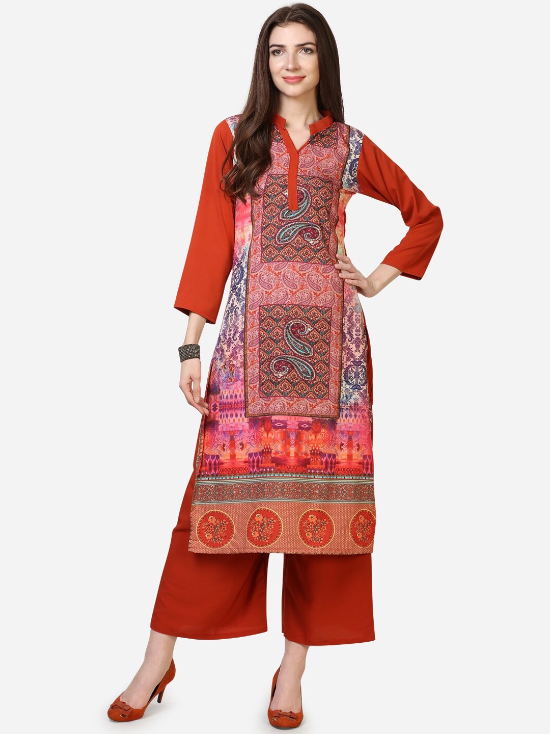 

SAADHVI Women Orange & White Ethnic Motifs Digitally Printed Crepe Kurta