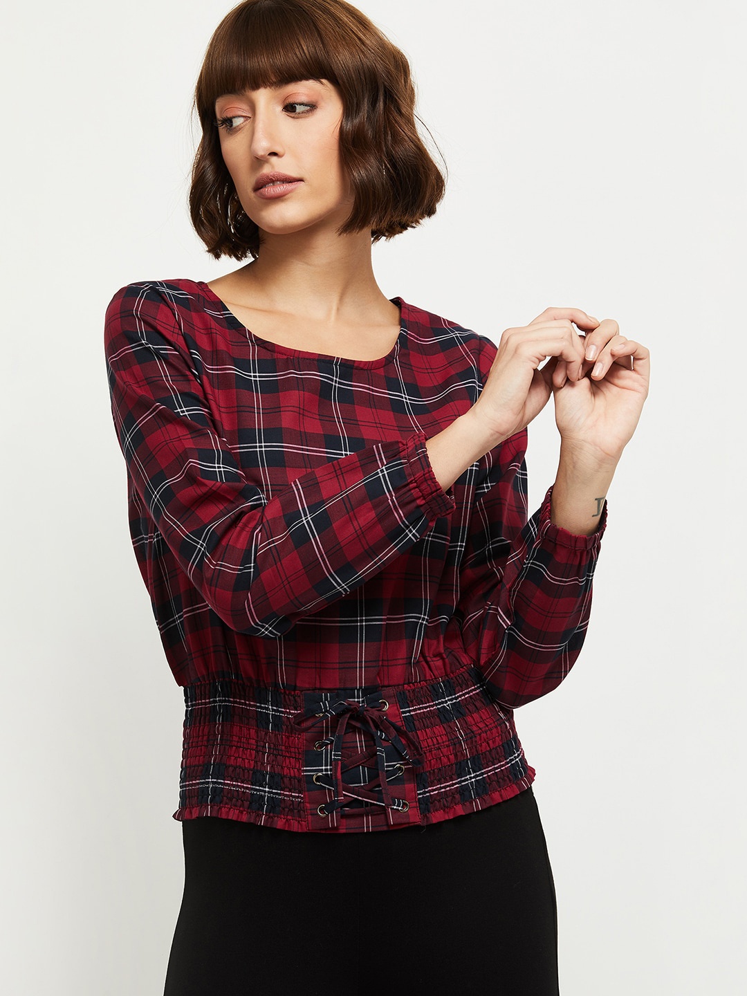 

max Red Checked Cinched Waist Top