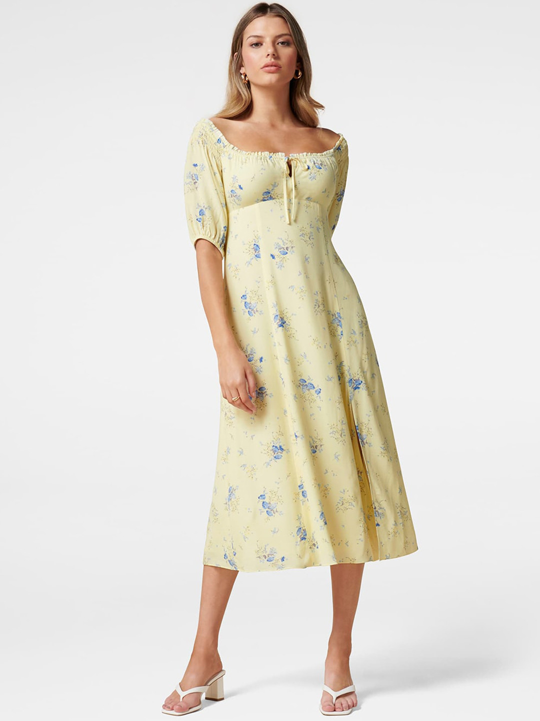 

Forever New Yellow Floral Tie-Up Neck A-Line Midi Dress