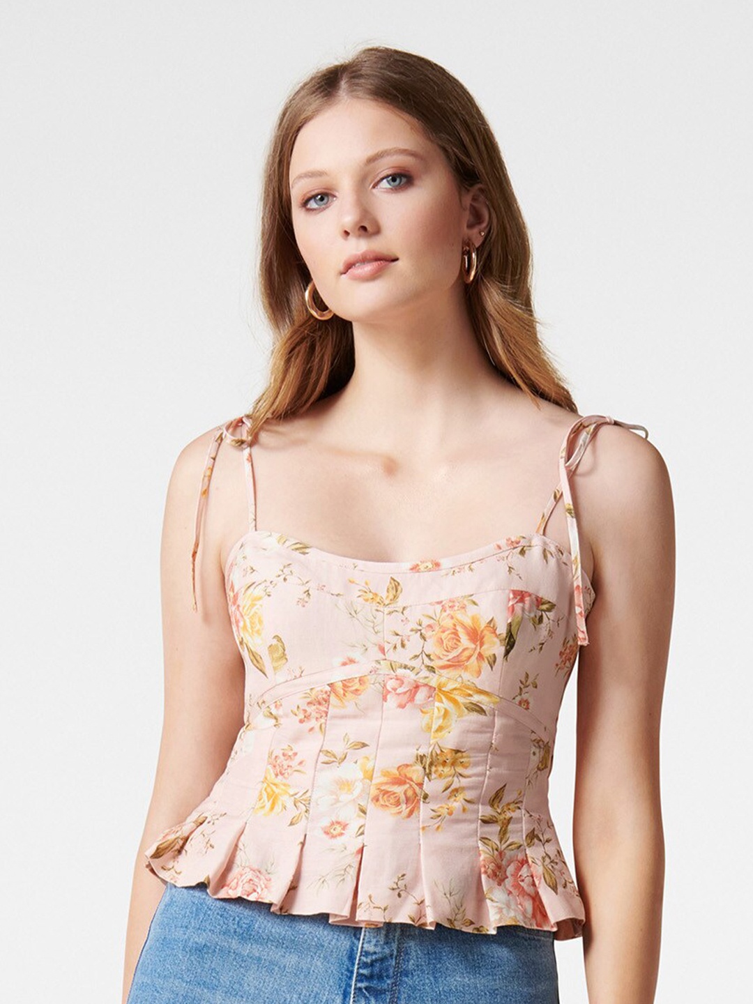 

Forever New Light Pink Floral Printed Linen Blend Peplum Top