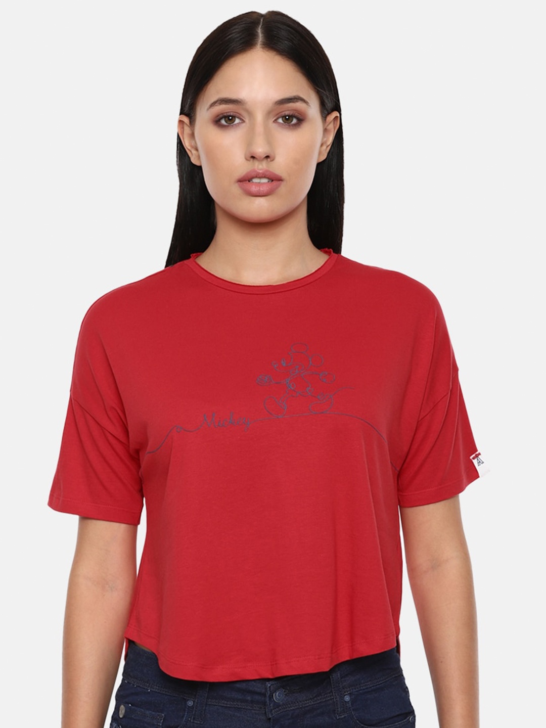 

Van Heusen Woman Women Red Mickey Mouse Embroidered Cotton Crop Pure Cotton T-shirt