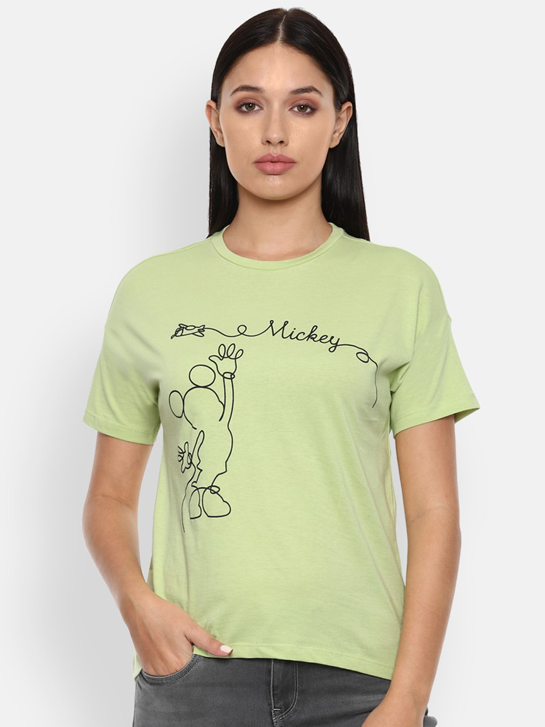 

Van Heusen Woman Women Green Black Mickey Mouse Printed Pure Cotton T-shirt