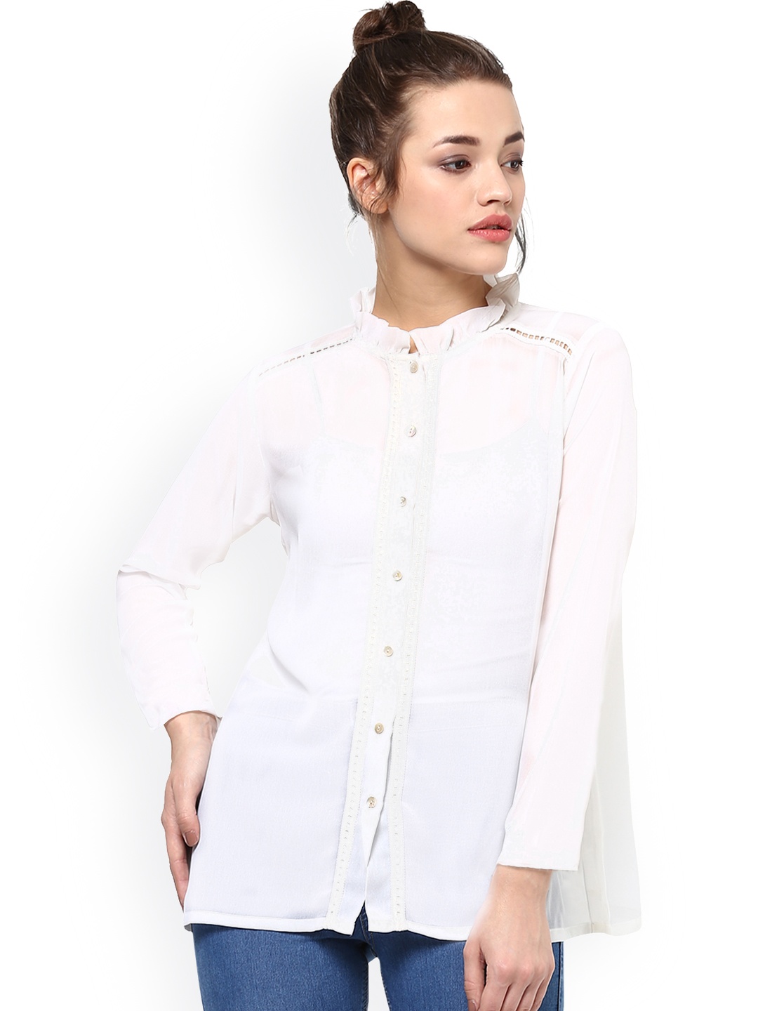 

Miss Chase Women Off-White Solid Georgette Shirt Style Top