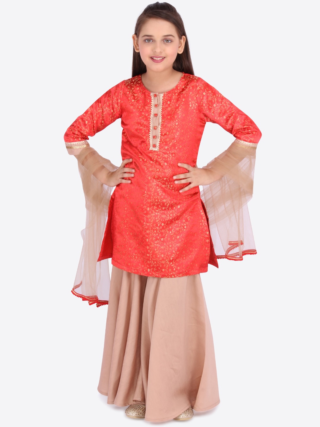 

CUTECUMBER Girls Orange Ethnic Motifs Kurti with Sharara & With Dupatta