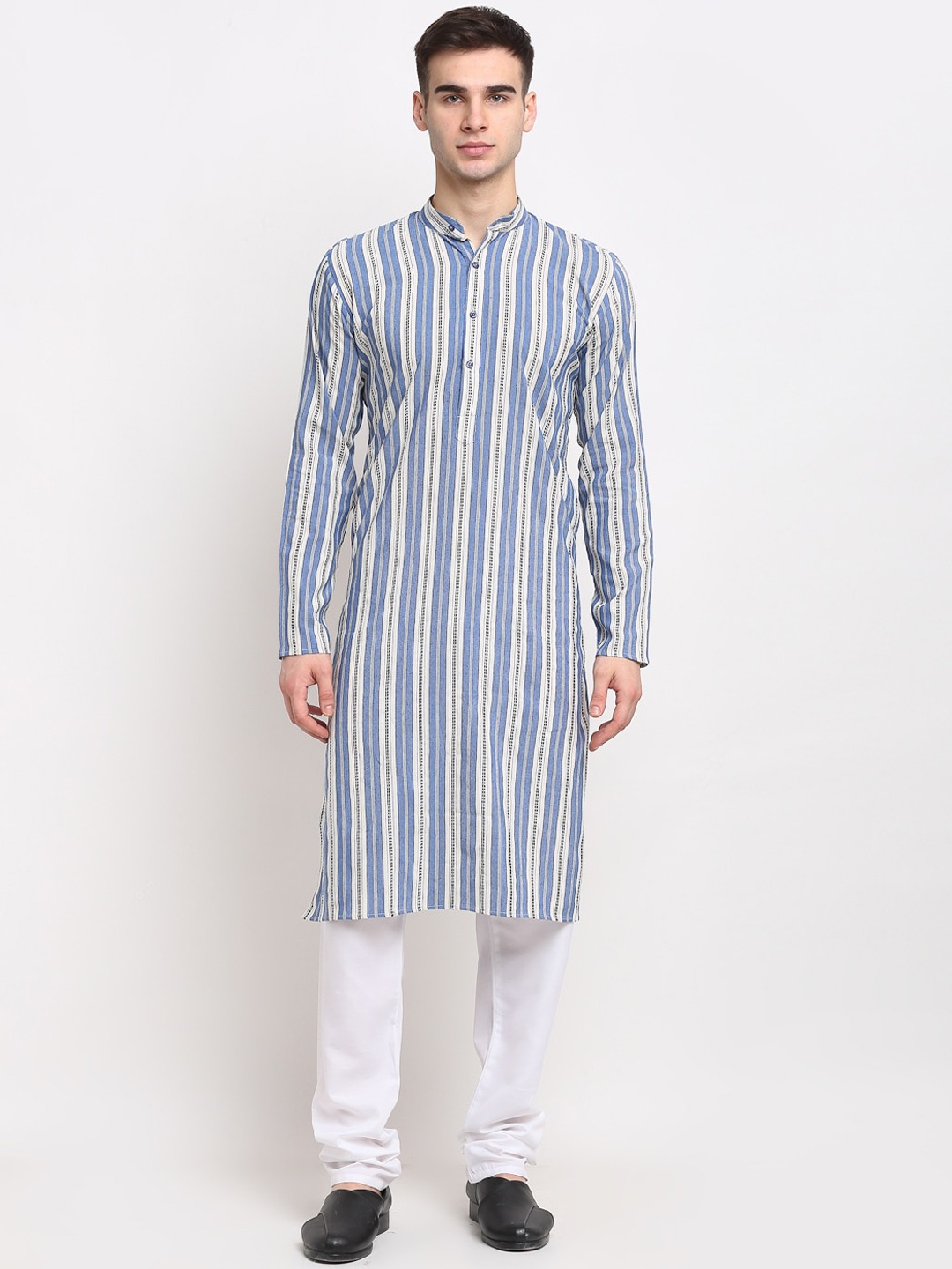 

Jompers Men Pure Cotton White & Blue Striped Kurta