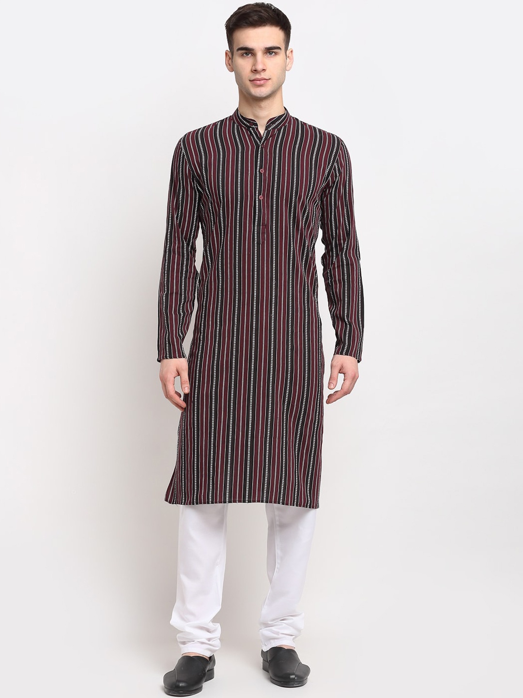 

Jompers Men Maroon Striped Cotton Kurta