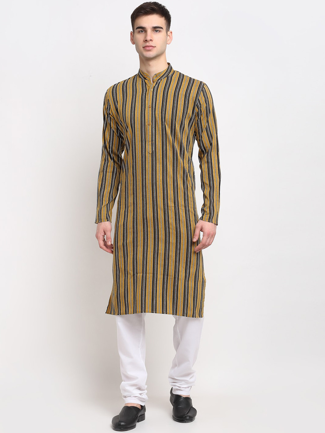 

Jompers Men Mustard Yellow & Black Striped Pure Cotton Kurta
