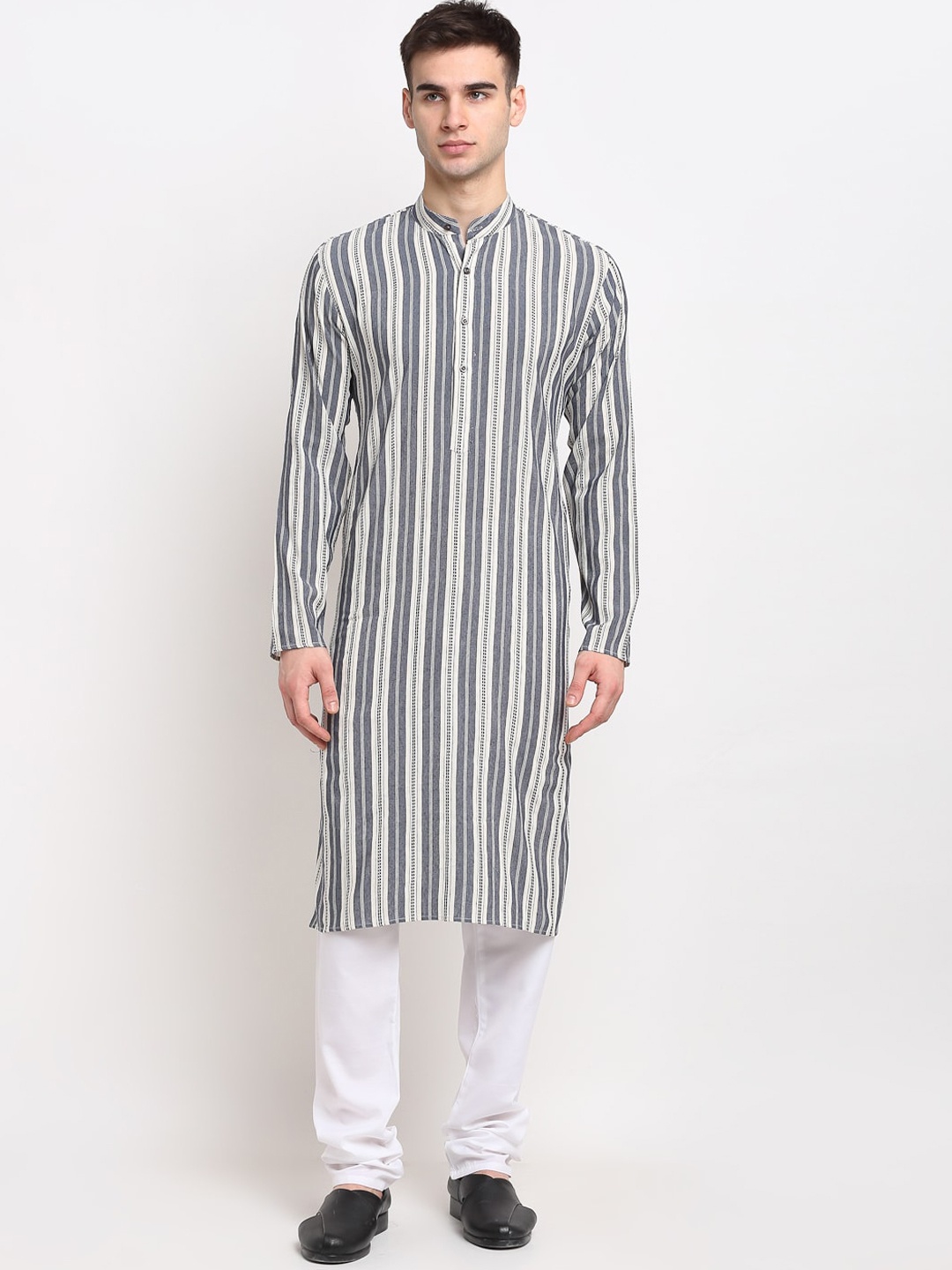 

Jompers Men Pure Cotton Grey & White Striped Kurta
