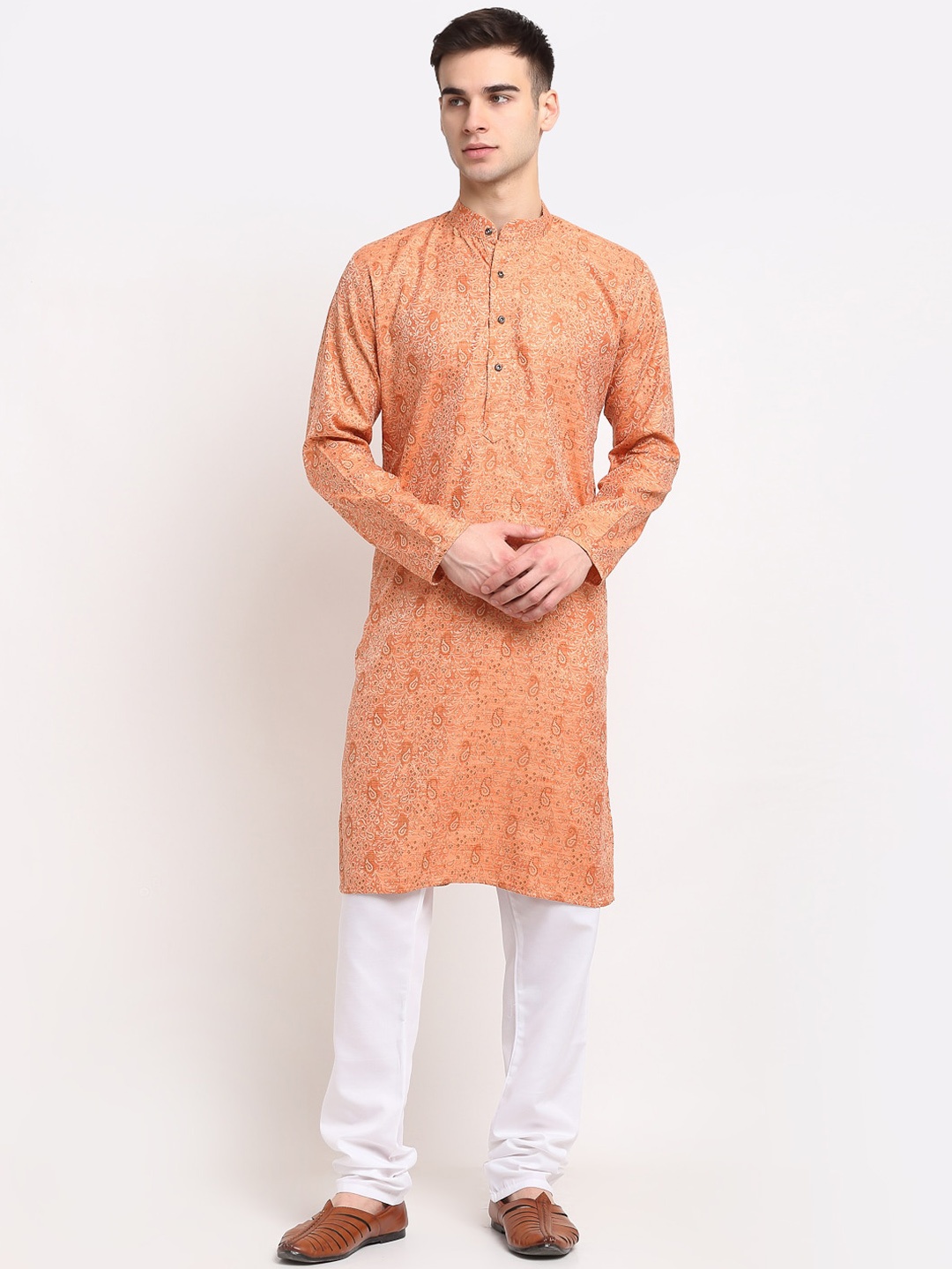 

Jompers Men Peach-Coloured Paisley Woven Design Jacquard Kurta