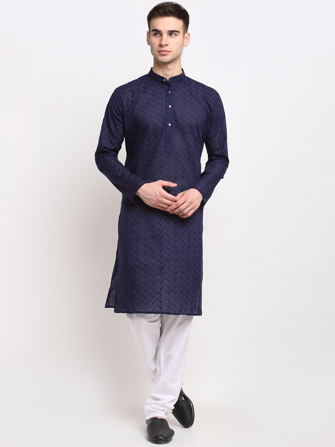 

Jompers Men Navy Blue Embroidered Cotton Kurta