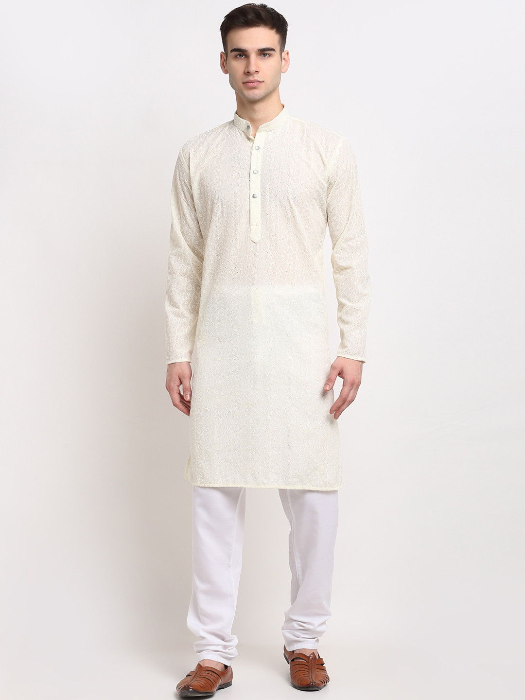 

Jompers Men Cream-Coloured Self Design Pure Cotton Kurta