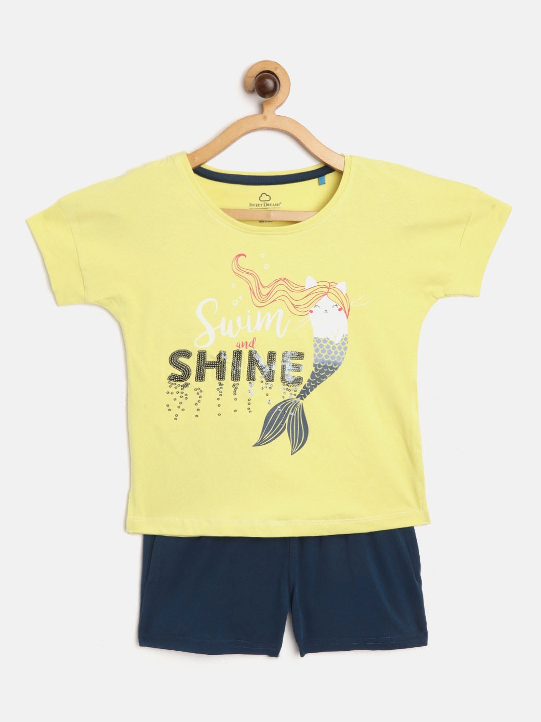 

Sweet Dreams Girls Yellow & Navy Blue Printed Shorts Set with Sequinned Detail