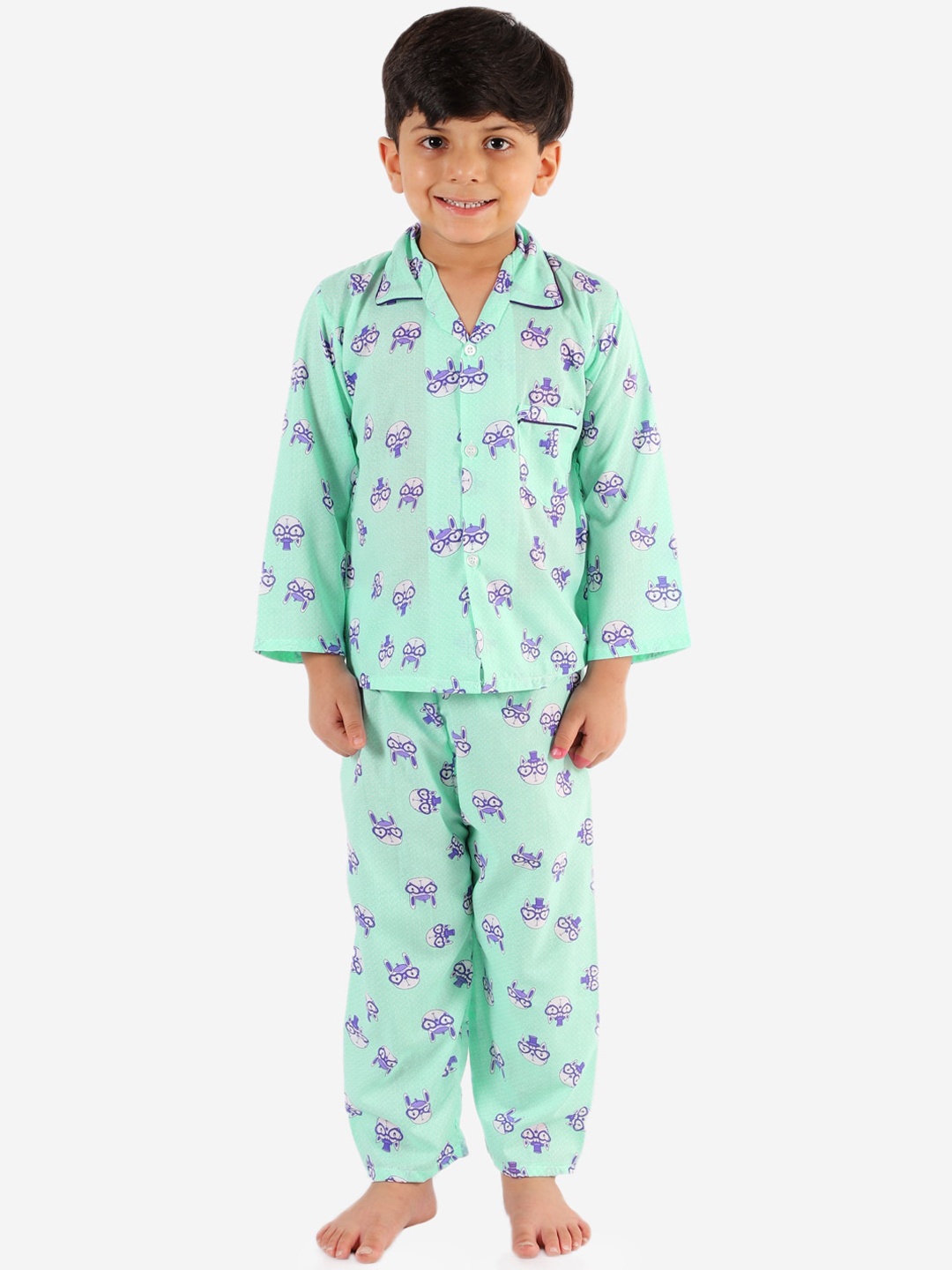 

KID1 Boys Green Cat In A Hat Printed Cotton Blend Night Suit