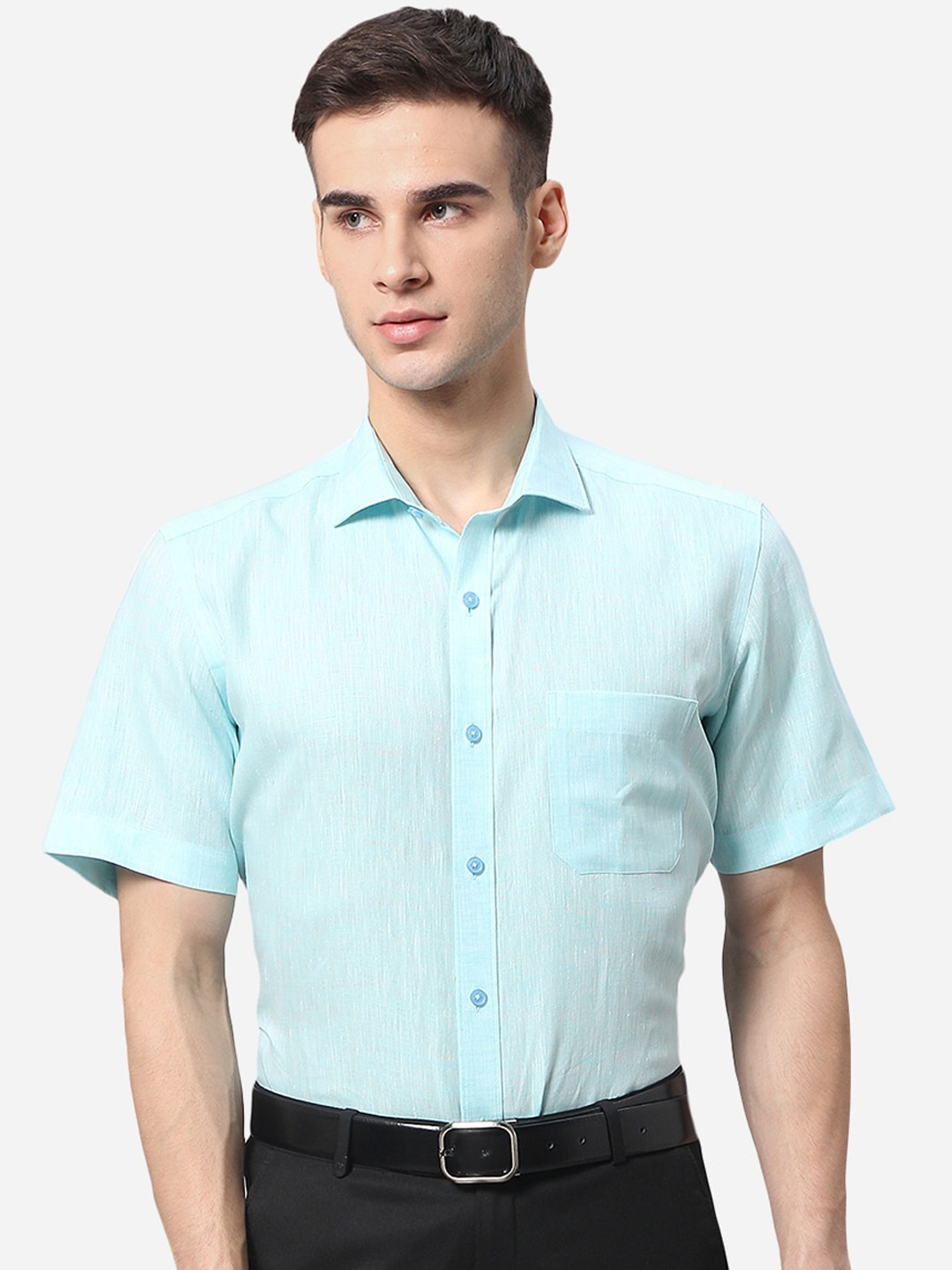 

JADE BLUE Men Turquoise Blue Linen Formal Shirt