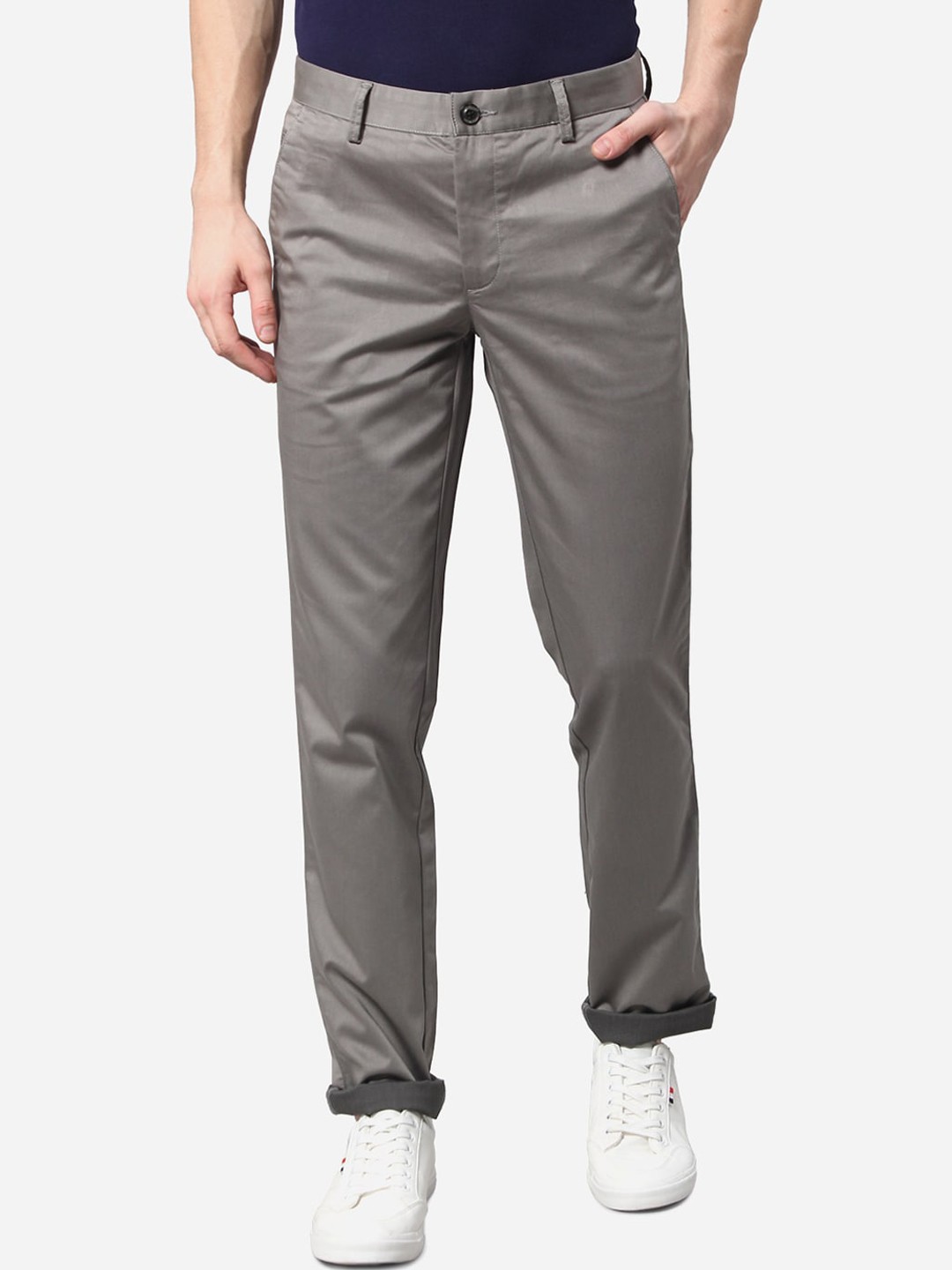 

JADE BLUE Men Grey Slim Fit Pure Cotton Trousers