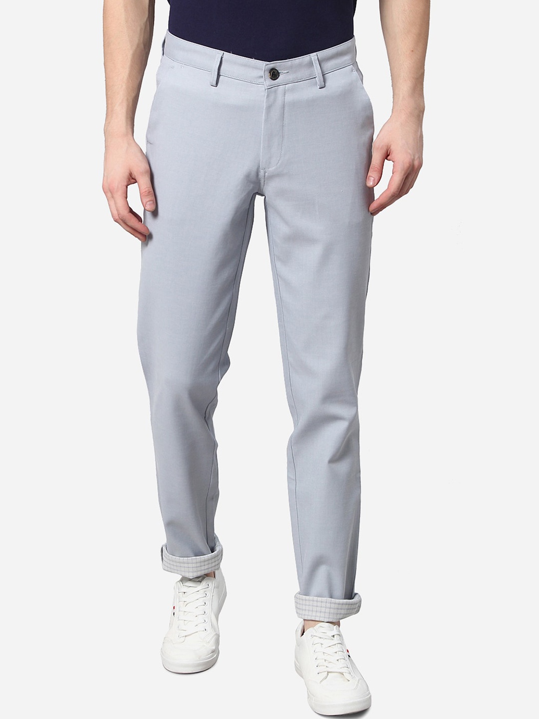 

JADE BLUE Men Light Blue Pure Cotton Slim Fit Solid Regular Trousers