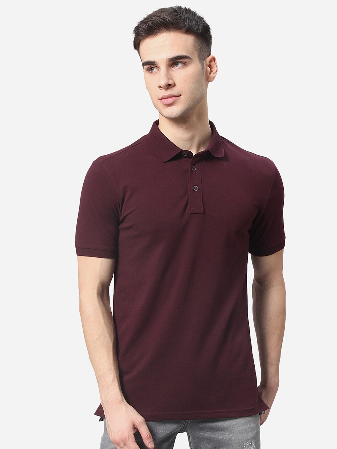 

JADE BLUE Men Purple Solid Polo Collar Slim Fit T-shirt