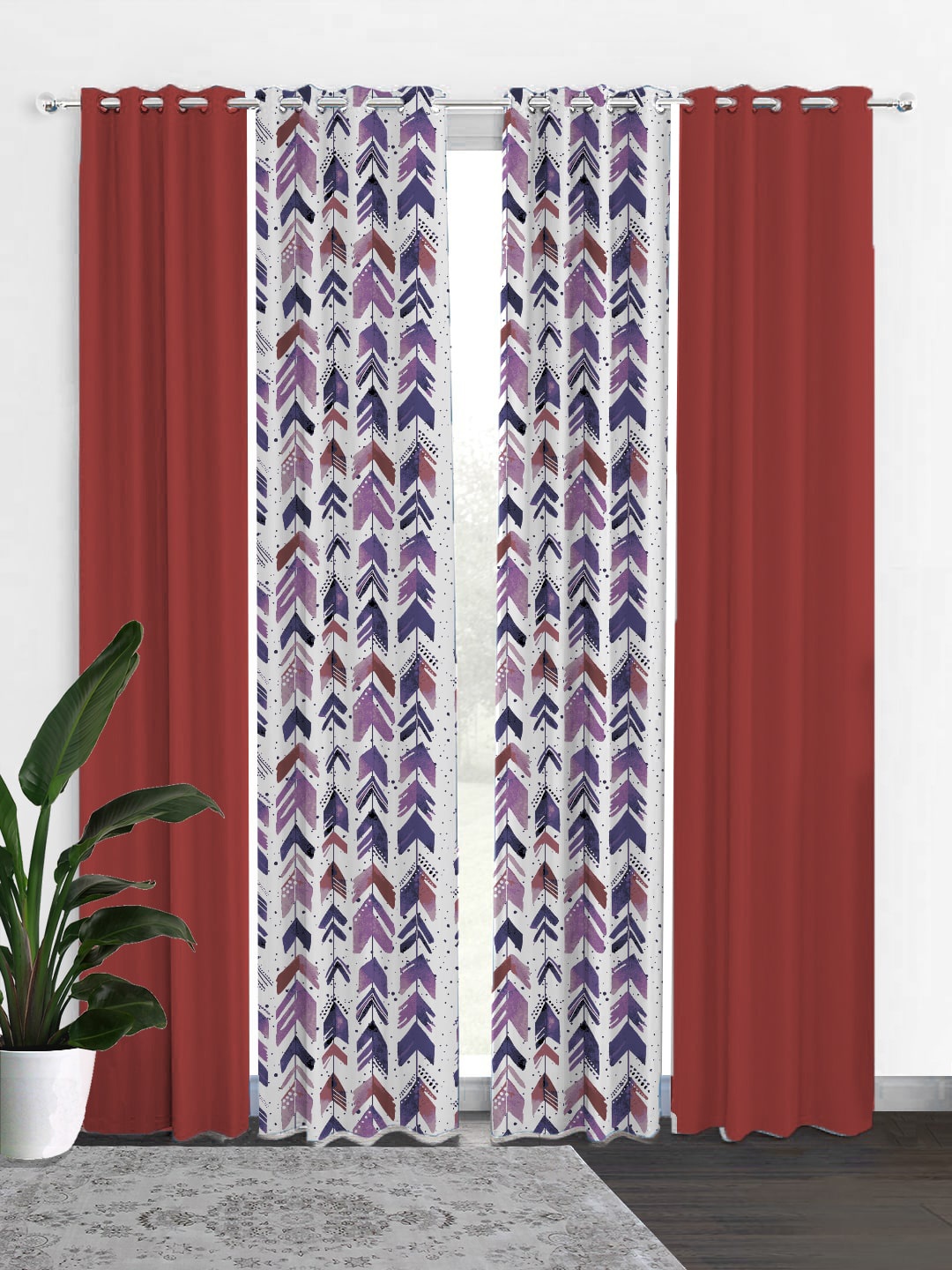 

HOUZZCODE Maroon & White Set of 4 Geometric Black Out Long Door Curtain