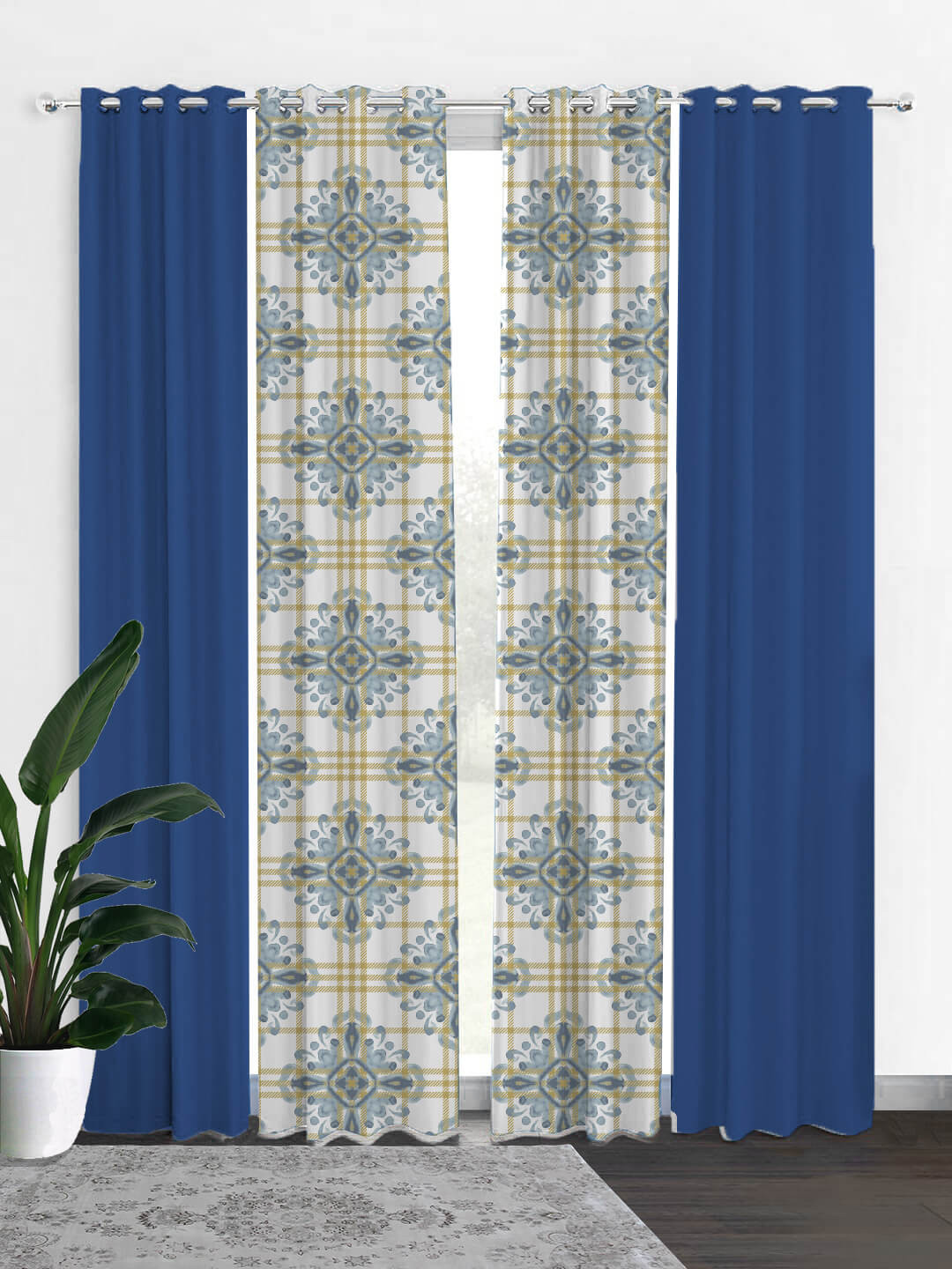 

HOUZZCODE Blue & Beige Set of 4 Ethnic Motifs Black Out Long Door Curtain