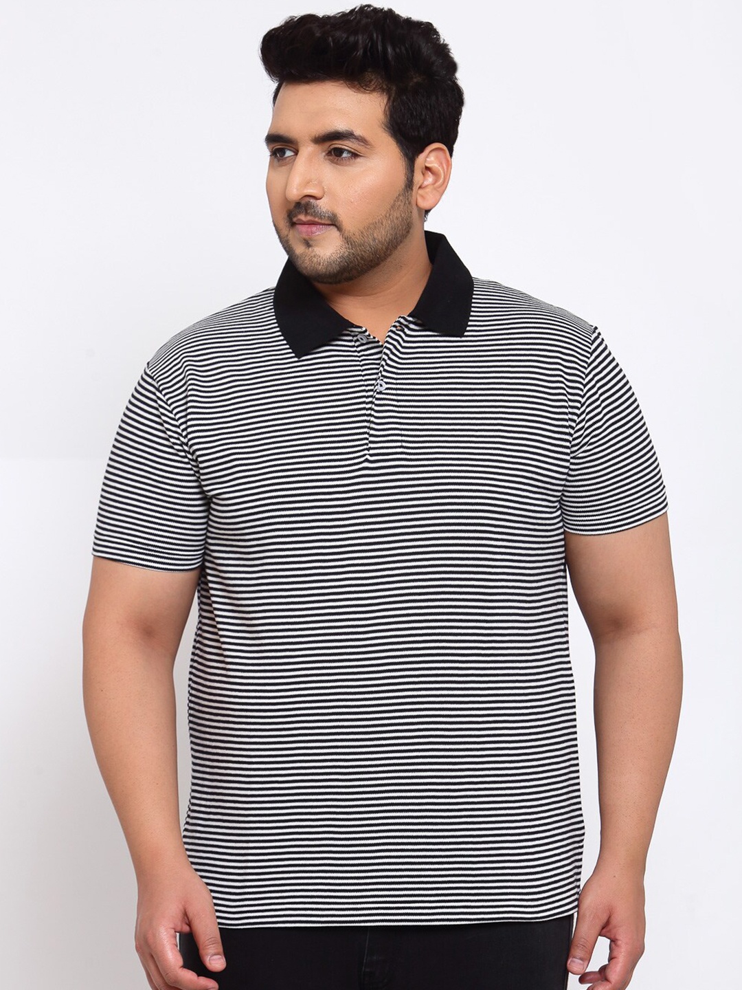 

plusS Men Black Striped Polo Collar T-shirt