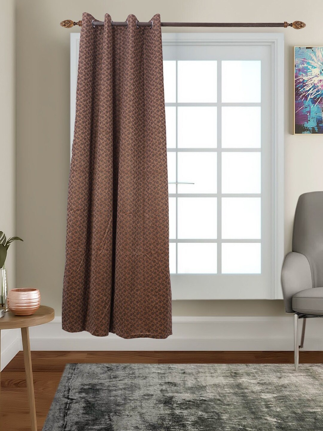 

MFD HOME FURNISHING Brown & Black Floral Black Out Door Curtain