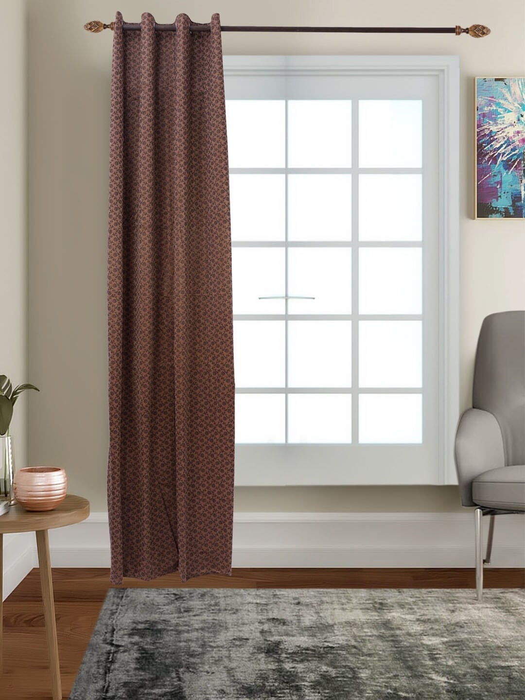 

MFD HOME FURNISHING Brown & Black Floral Black Out Door Curtain