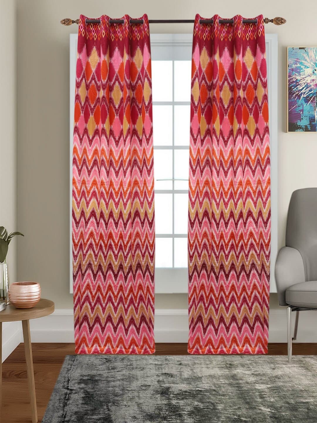 

MFD HOME FURNISHING Pink & Red Set of 2 Geometric Black Out Door Curtain