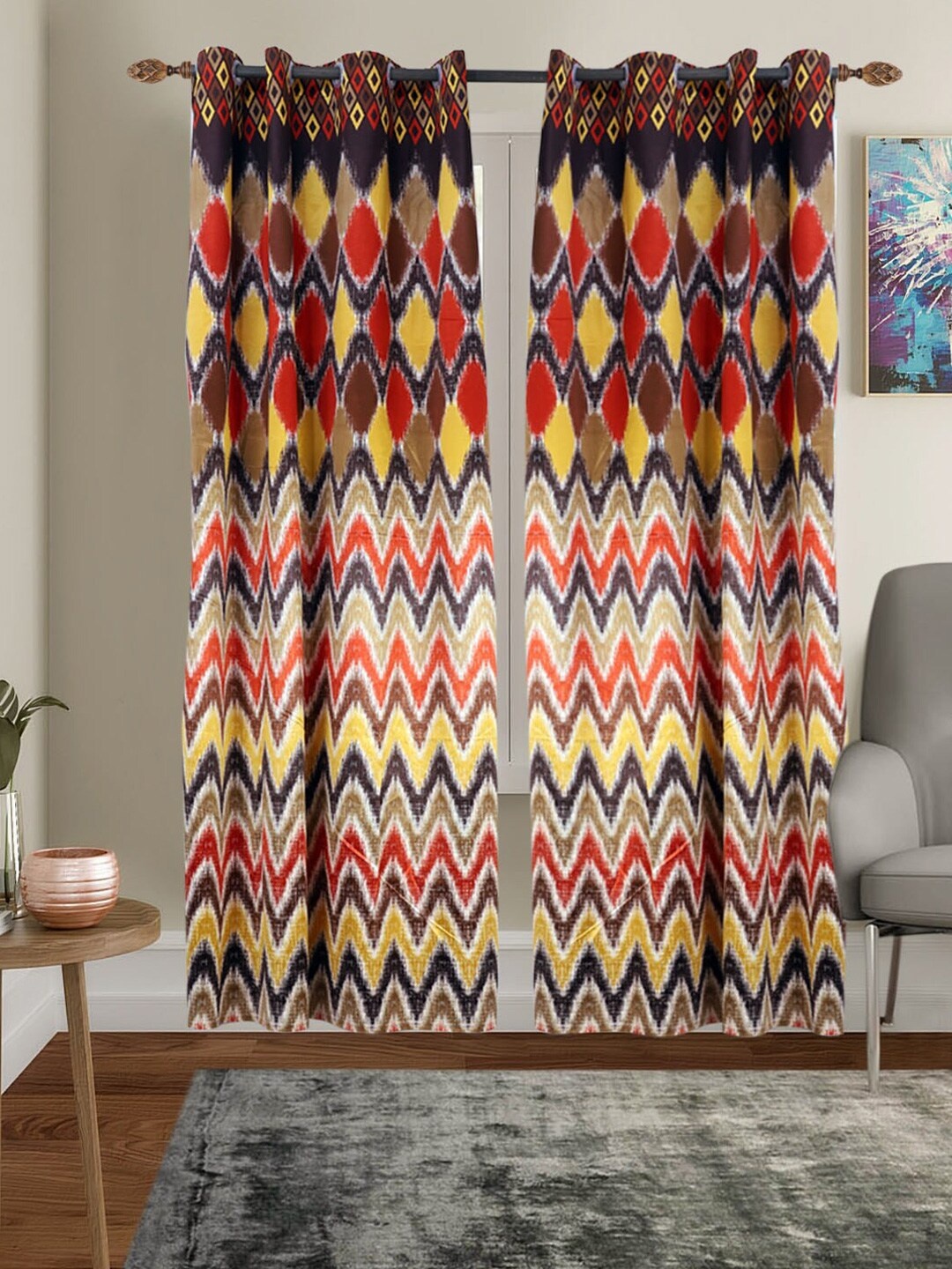 

MFD HOME FURNISHING Yellow & Red Set of 2 Geometric Black Out Door Curtain