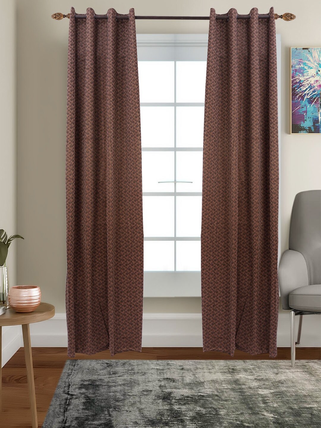 

MFD HOME FURNISHING Brown Set of 2 Floral Black Out Door Curtain
