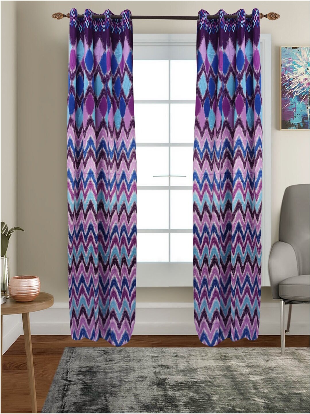 

MFD HOME FURNISHING Pink & Purple Set of 2 Geometric Black Out Door Curtain