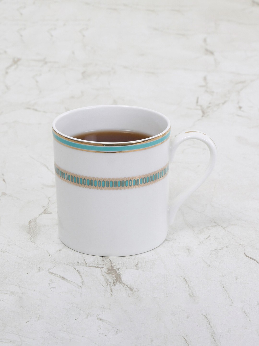 

Home Centre White & Sea Green Printed Bone China Glossy Mug