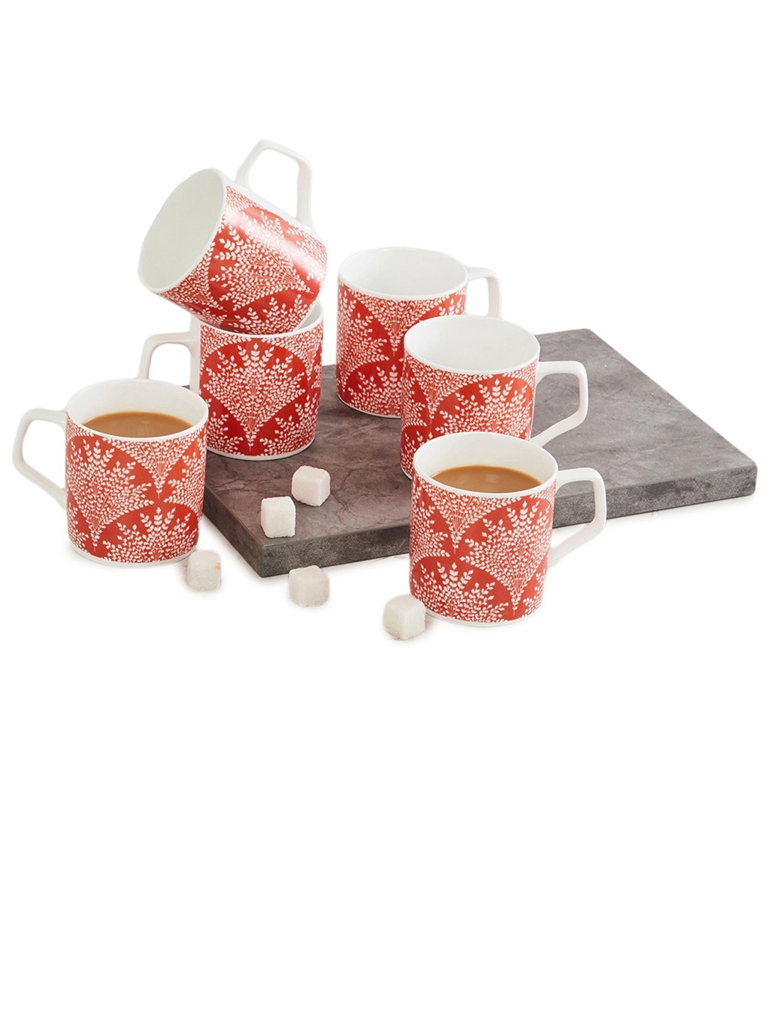 

Home Centre Mandarin Red & White 6 Pieces Printed Bone China Glossy Mugs-230 ml Each