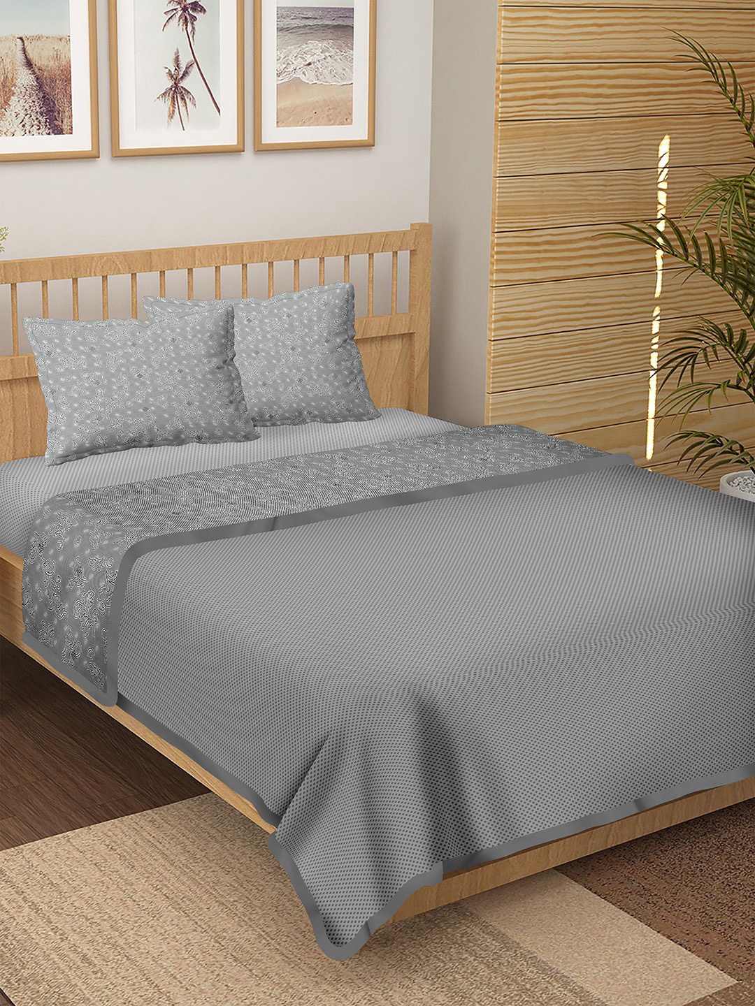 

BELLA CASA Grey & Black Floral Pure Cotton Double King 4-Piece Bedding Set
