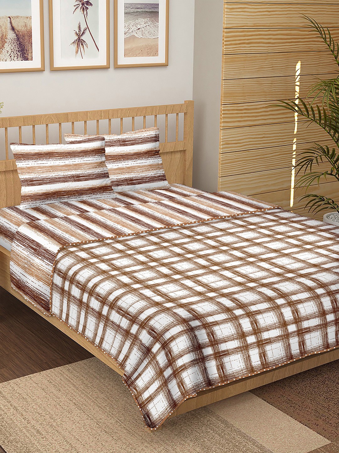 

BELLA CASA Brown & White Striped Double King Pure Cotton Double King 4-Piece Bedding Set