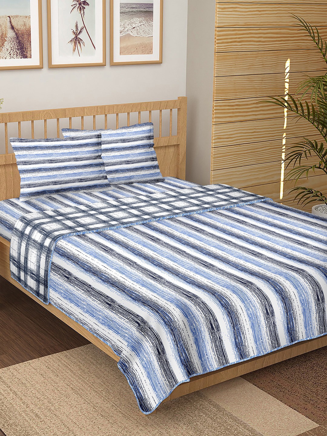 

BELLA CASA White & Blue Striped Pure Cotton Double King 4-Piece Bedding Set
