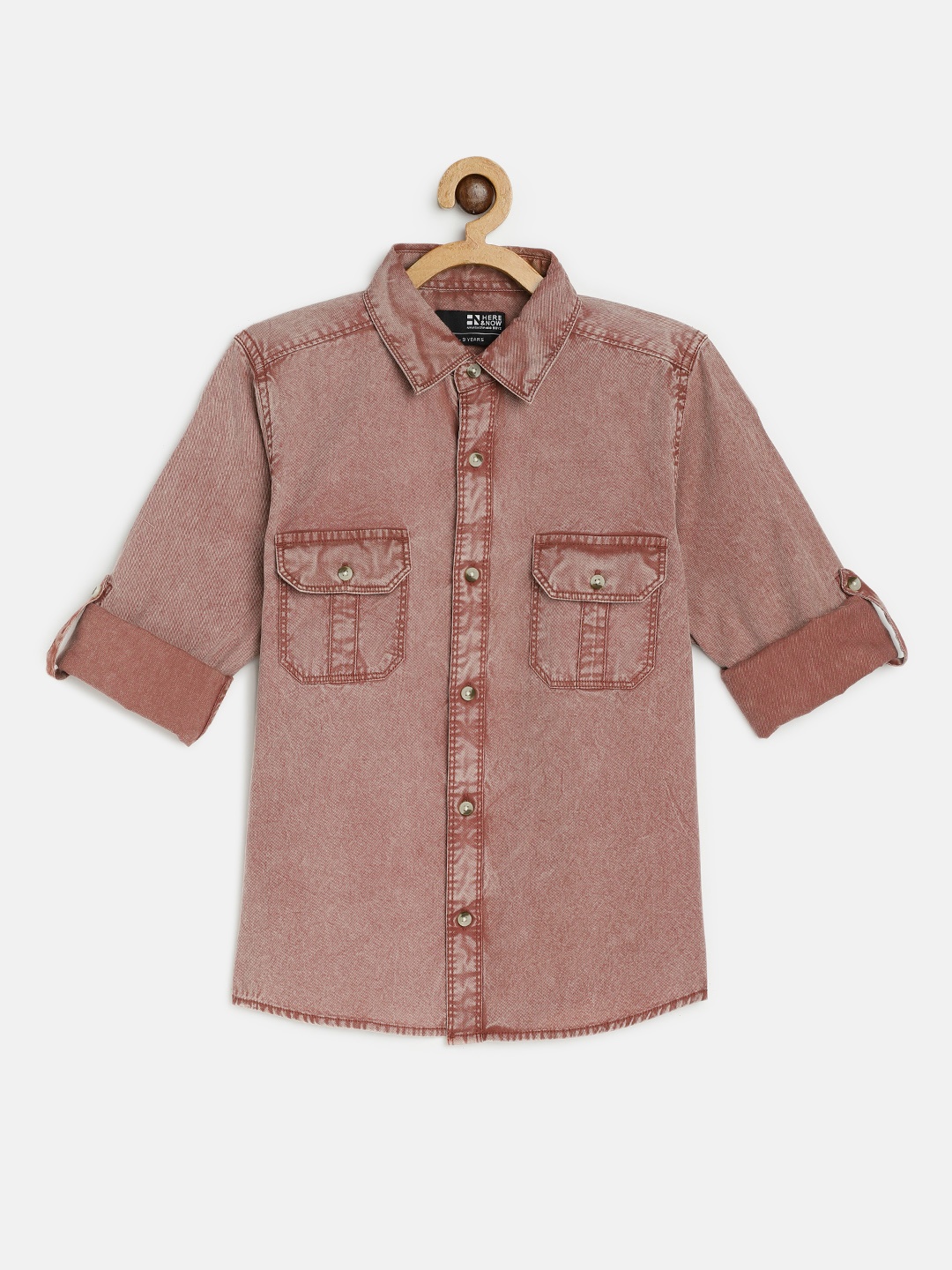 

HERE&NOW Boys Camel Brown Faded & Typography Printed Pure Cotton Casual Shirt